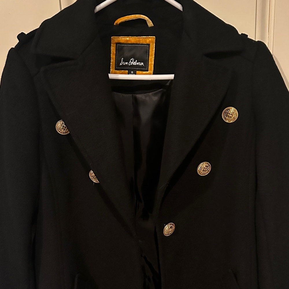 Sam Edelman Black Wool Coat with Gold Crested Buttons - Picture 4 of 7